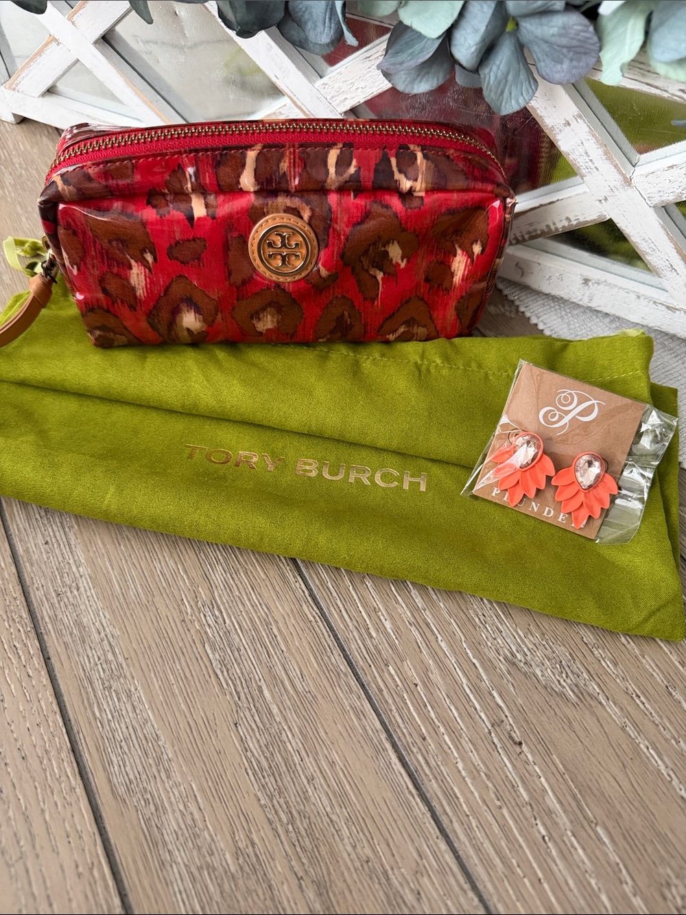 Tory Burch Red and Brown Leopard Print Cosmetic Pouch, Dust Bag, Plunder earings